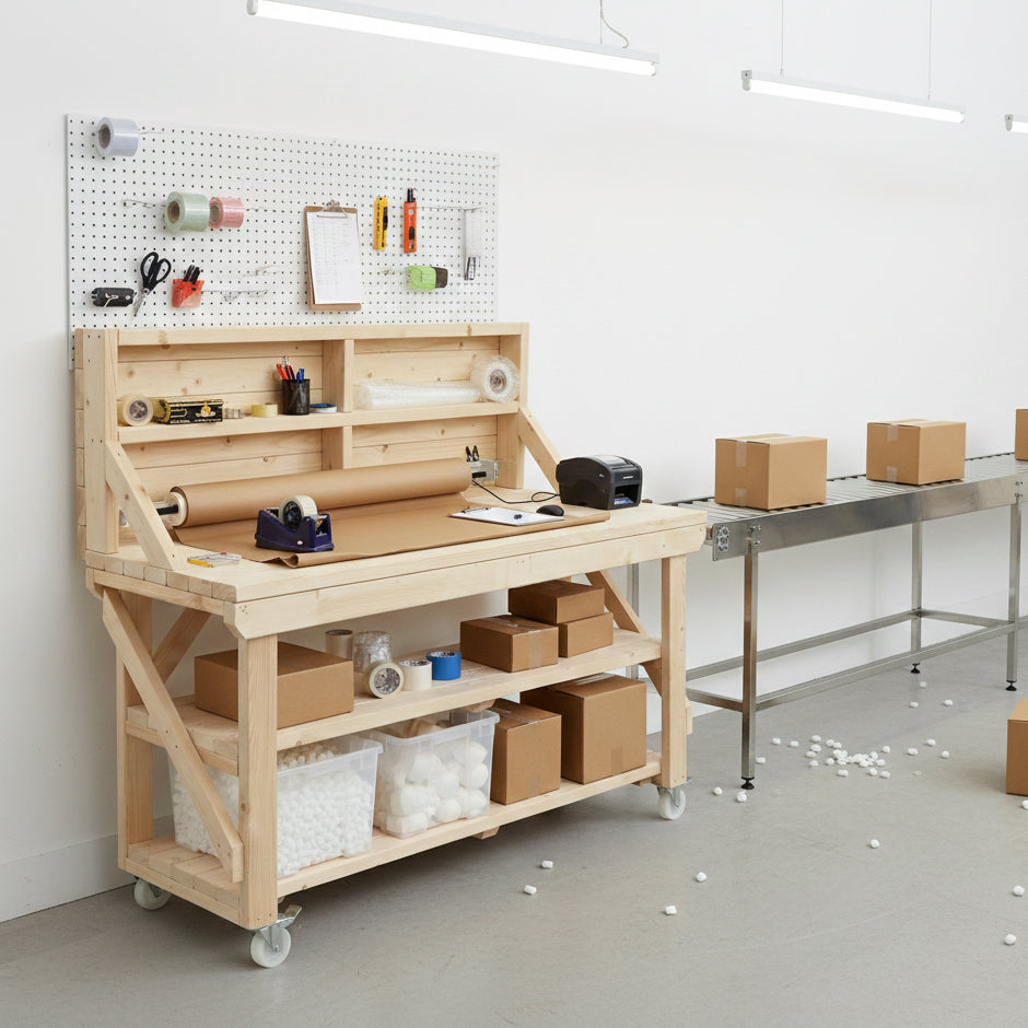 Acorn Wooden Workbench With Back Panel, Double Shelf and Wheels