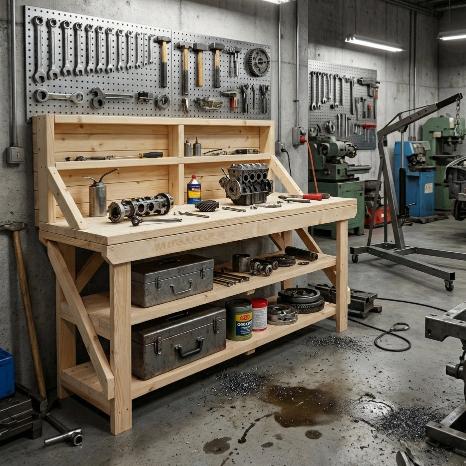Acorn Wooden Workbench With Back Panel and Double Shelf