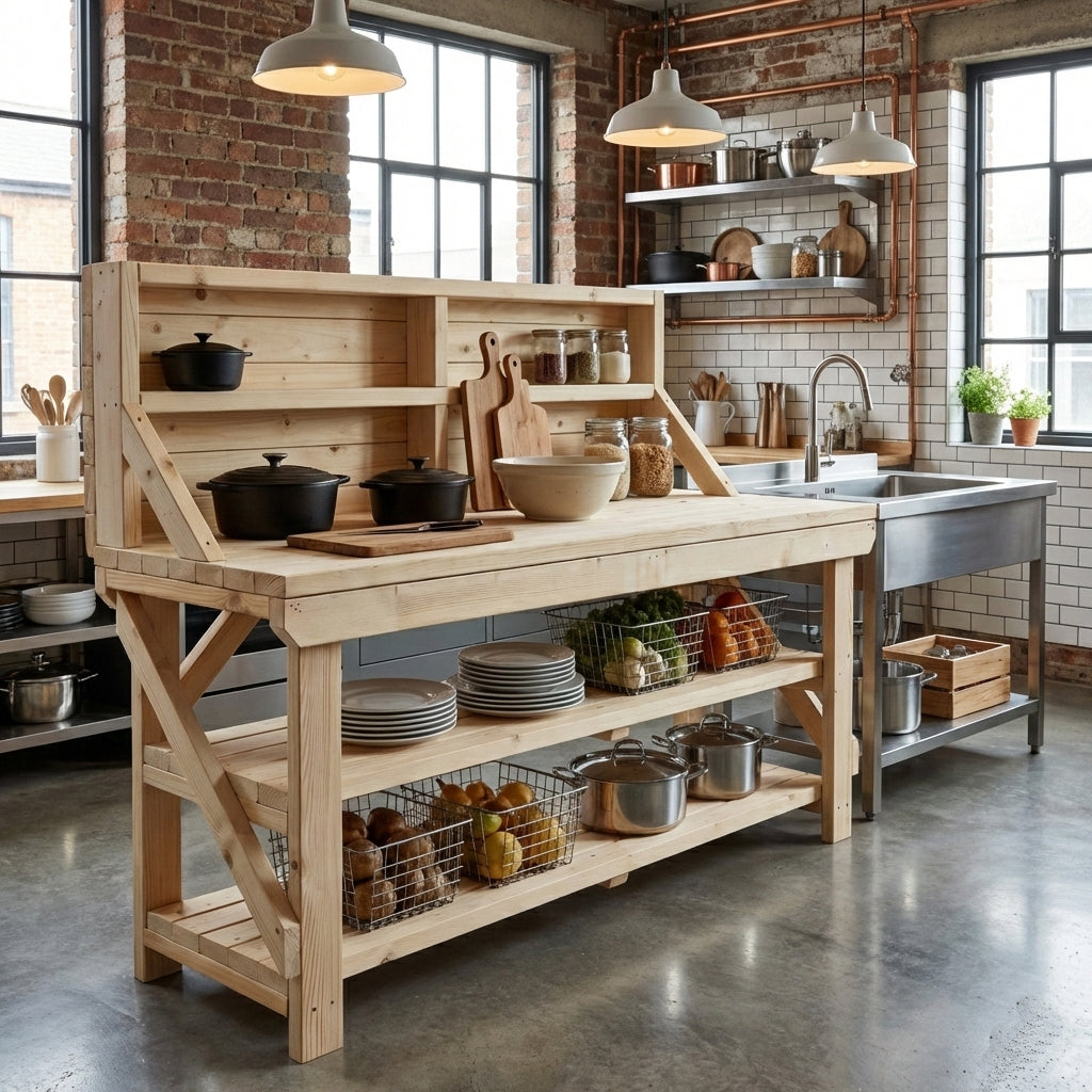 Acorn Wooden Workbench With Back Panel and Double Shelf