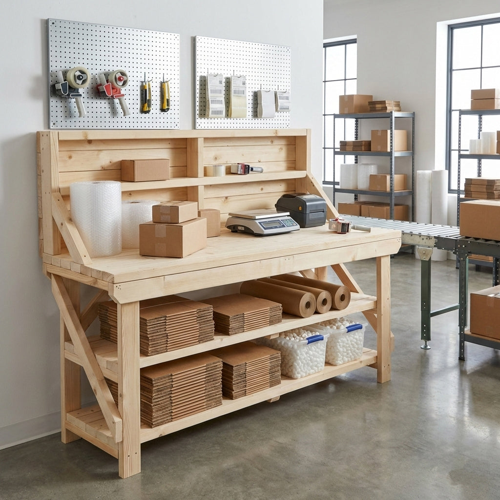 Acorn Wooden Workbench With Back Panel and Double Shelf