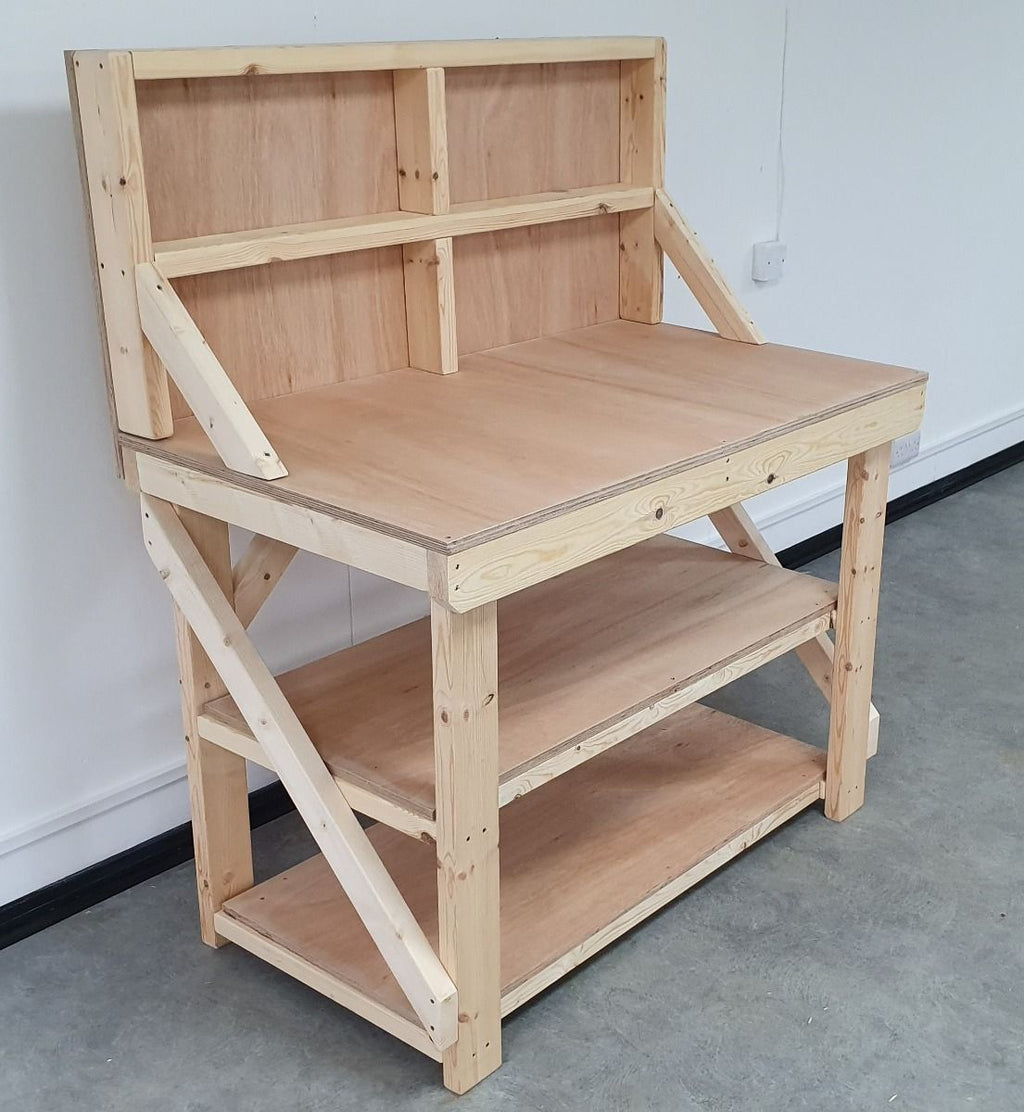Wooden Workbench 18mm Eucalyptus Hardwood Top With Back Panel And Double Shelf