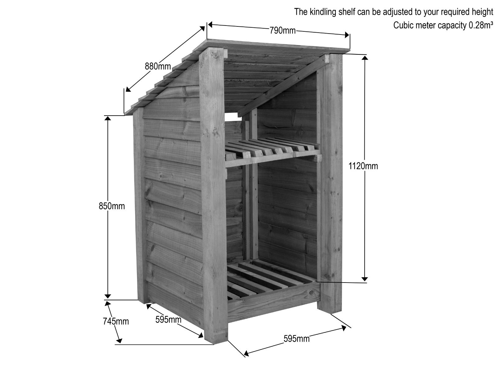 Wooden Log Store with Shelf (Roof Sloping Back) W-79cm, H-126cm or 180cm, D-88cm