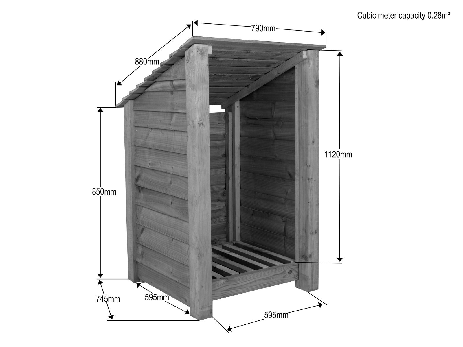 Wooden Log Store (Roof Sloping Back) W-79cm, H-126cm or 180cm, D-88cm
