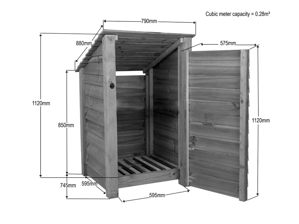 Wooden Log Store with Door (Roof Sloping Back) W-79cm, H-126cm or 180cm, D-88cm - Brown Finish