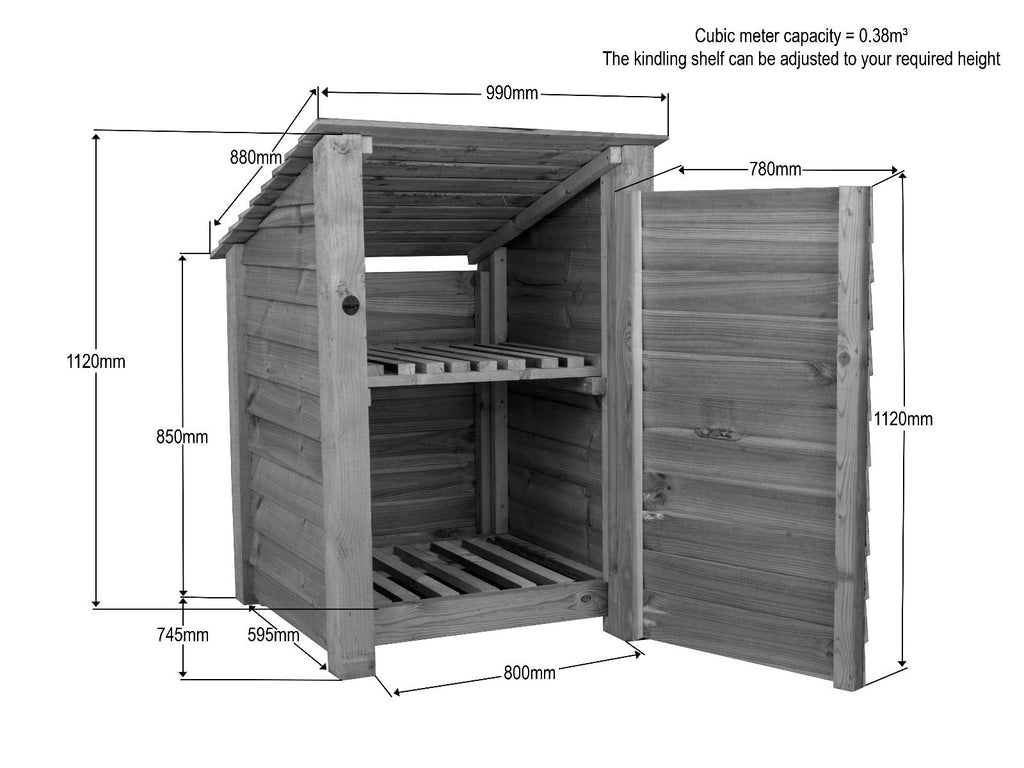 Wooden Garden Tool Storage with Shelf (Roof Sloping Back) W-99cm, H-126cm or 180cm, D-88cm - Brown Finish