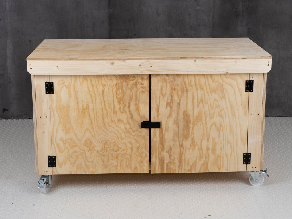 Wooden Plywood Top Workbench With Lockable Cupboard (V.9) With Wheels