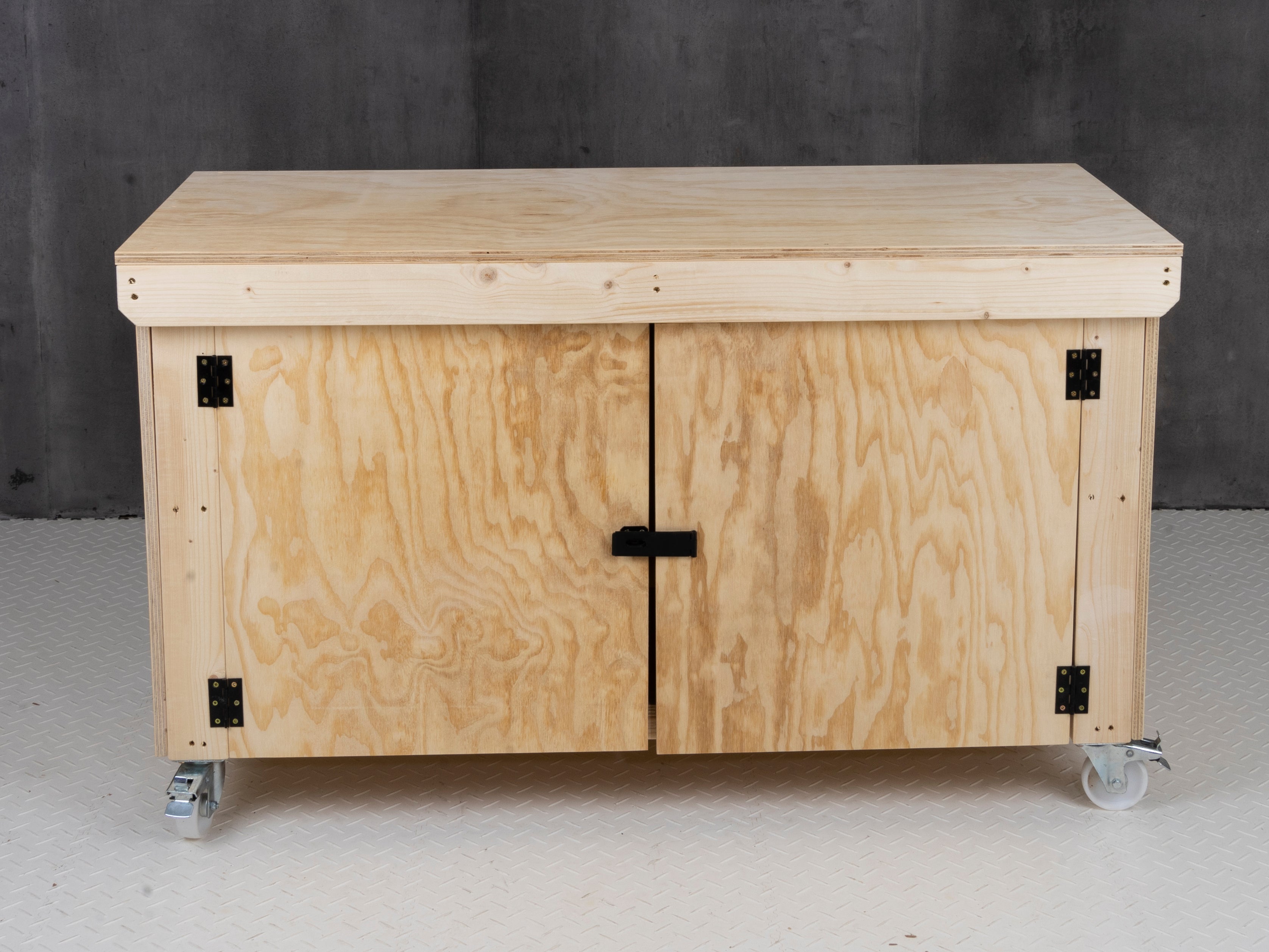 Wooden Plywood Top Workbench With Lockable Cupboard (V.9) With Wheels