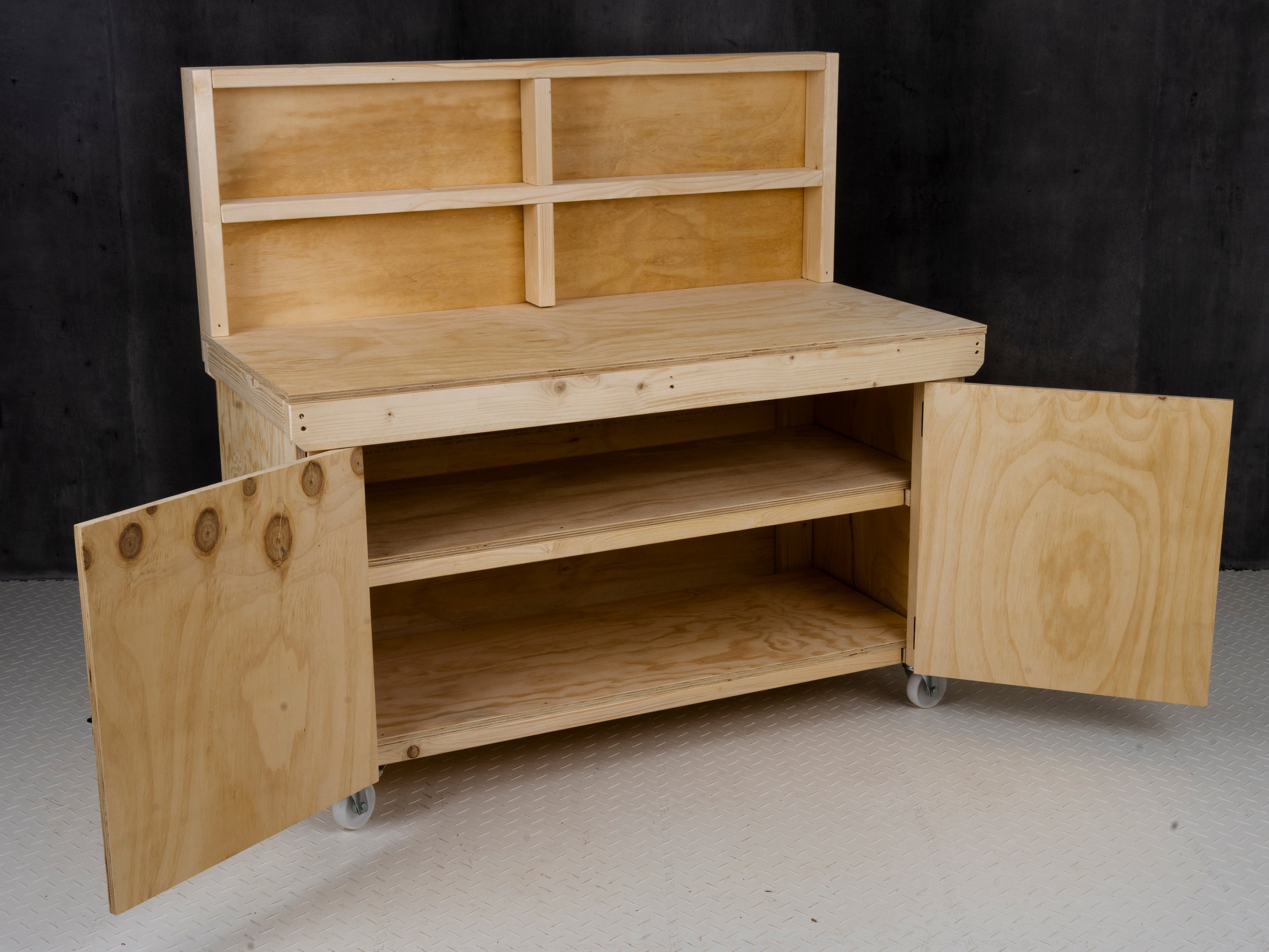Wooden Plywood Top Workbench With Lockable Cupboard (V.9) With back panel, With wheels, Double Shelf