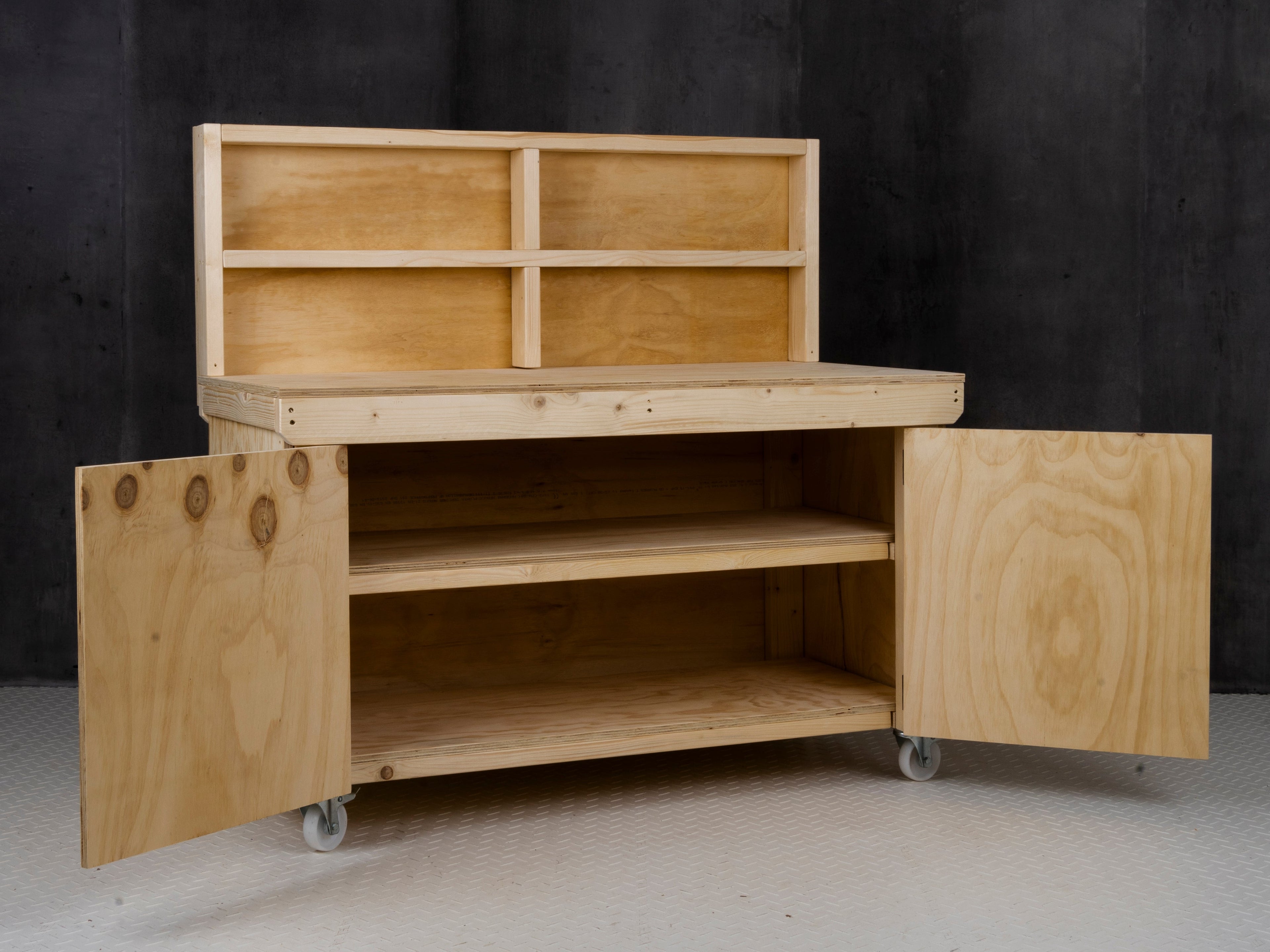 Wooden Plywood Top Workbench With Lockable Cupboard (V.9) With back panel, With wheels, Double Shelf