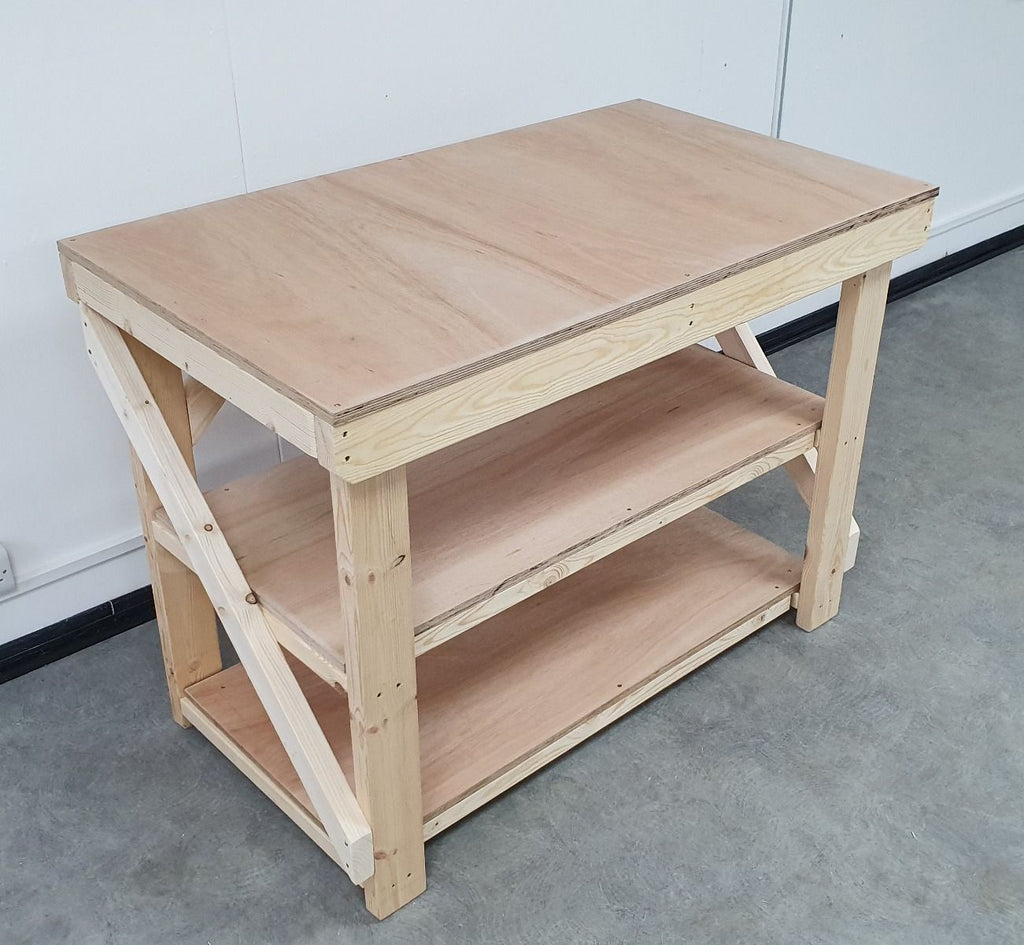 Wooden Workbench 18mm Eucalyptus Hardwood Top With Double Shelf