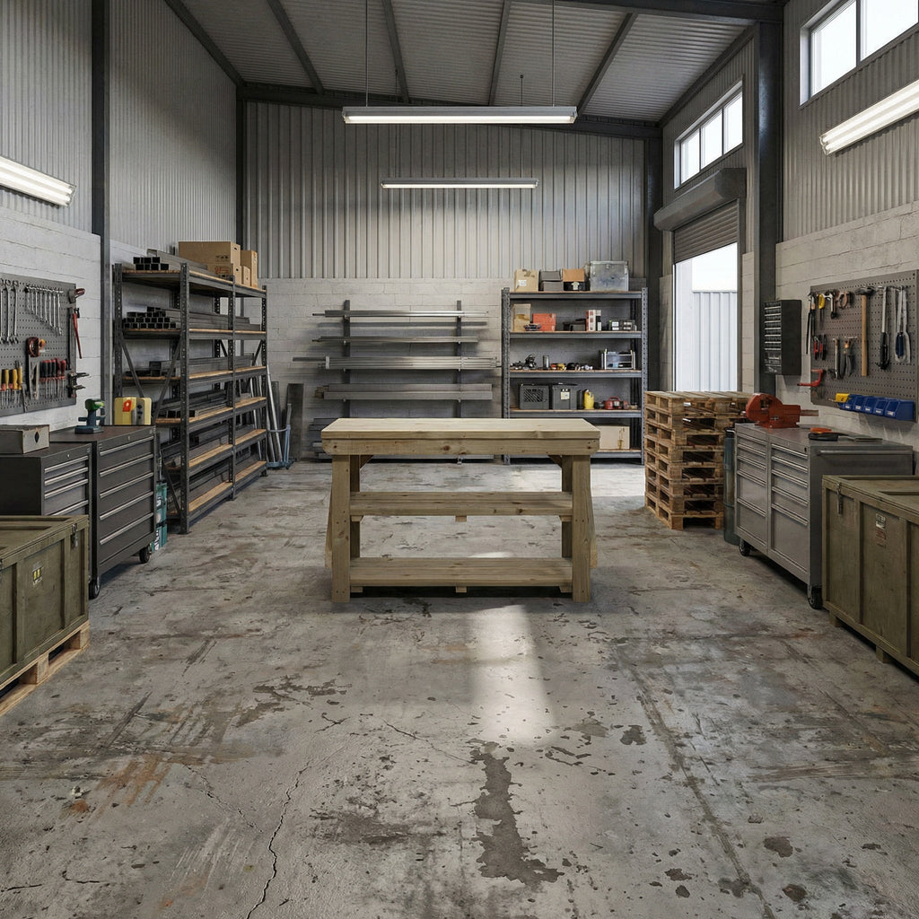 Indoor/outdoor workbench, pressure treated bench with double shelf