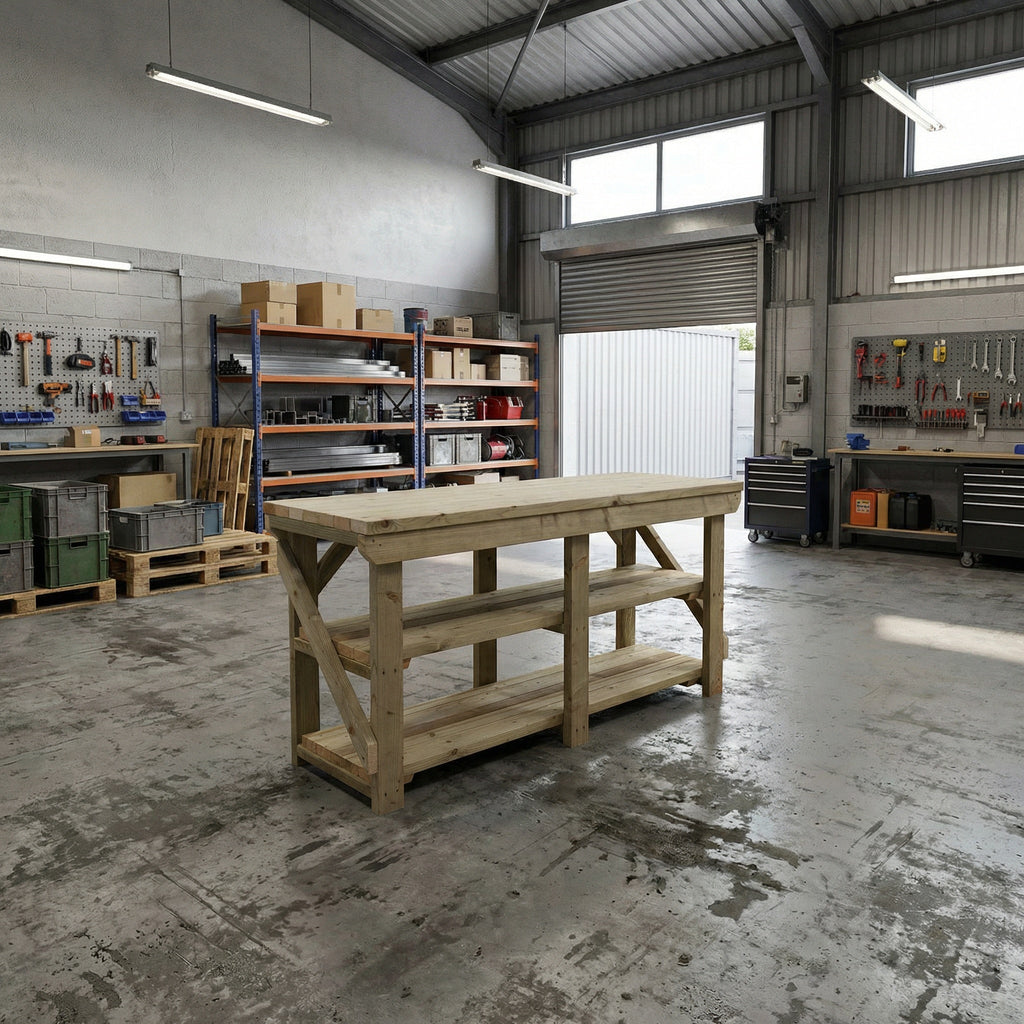 Indoor/outdoor workbench, pressure treated bench with double shelf