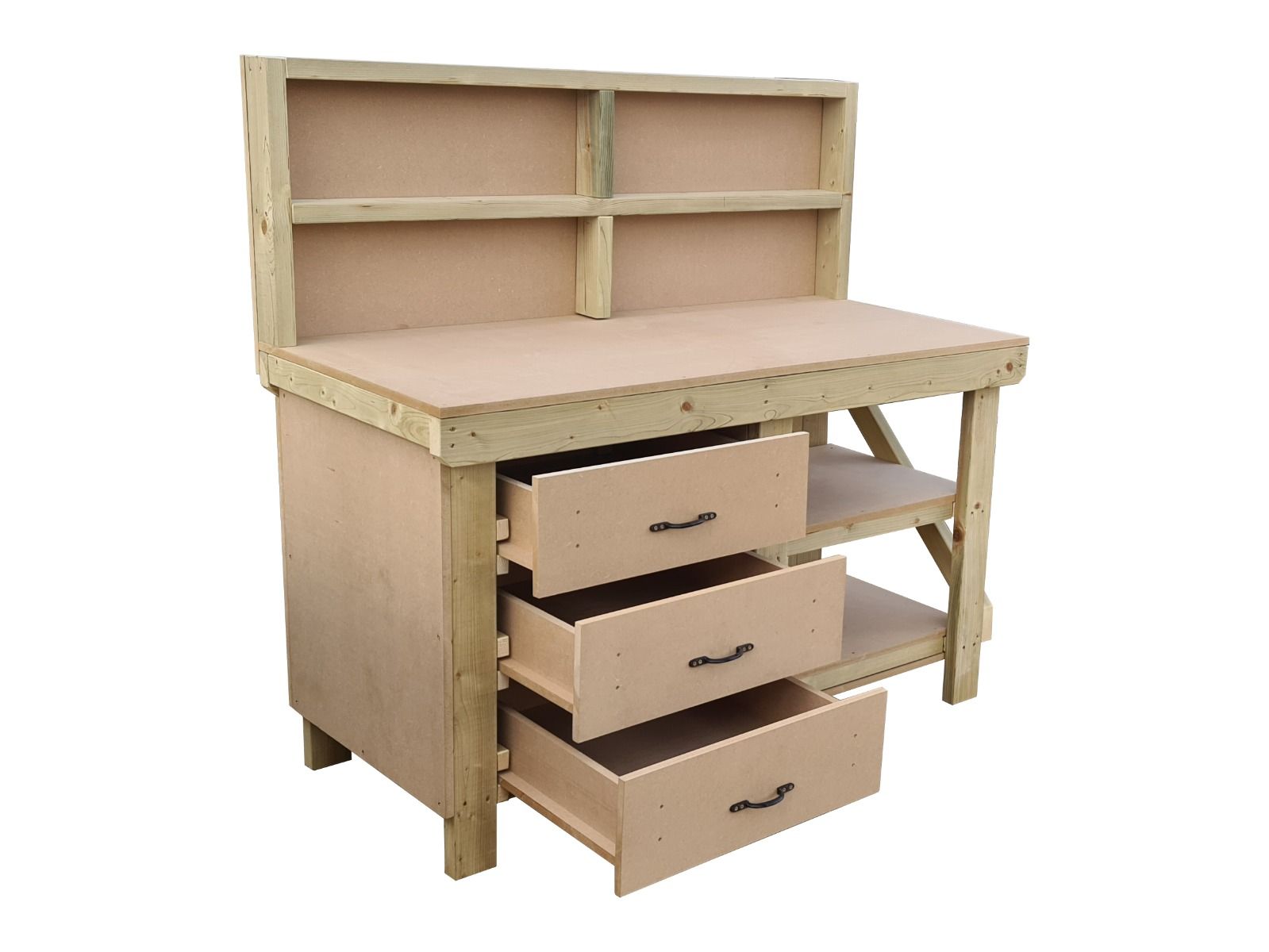 Wooden MDF top tool cabinet workbench with storage shelf (V.7) with back panel and double shelf