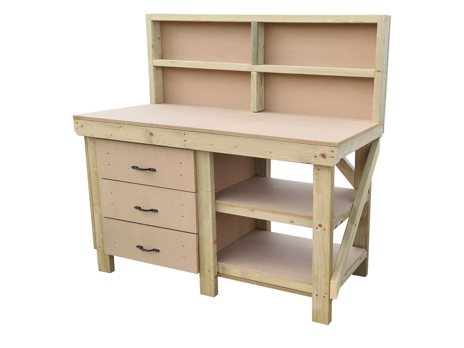 Wooden MDF top tool cabinet workbench with storage shelf (V.7) with back panel and double shelf
