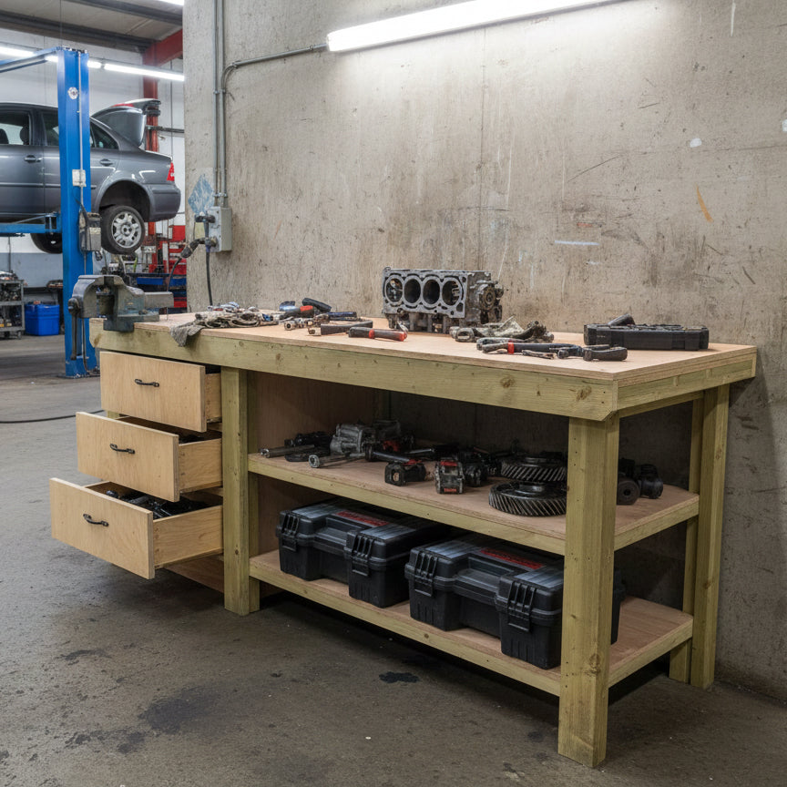 Wooden Eucalyptus top tool cabinet workbench with storage shelf (V.7) with double shelf