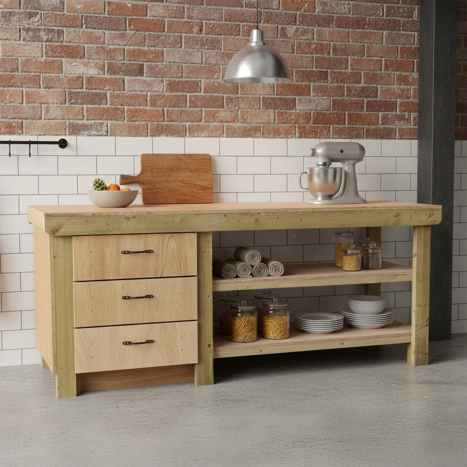 Wooden Eucalyptus top tool cabinet workbench with storage shelf (V.7) with double shelf