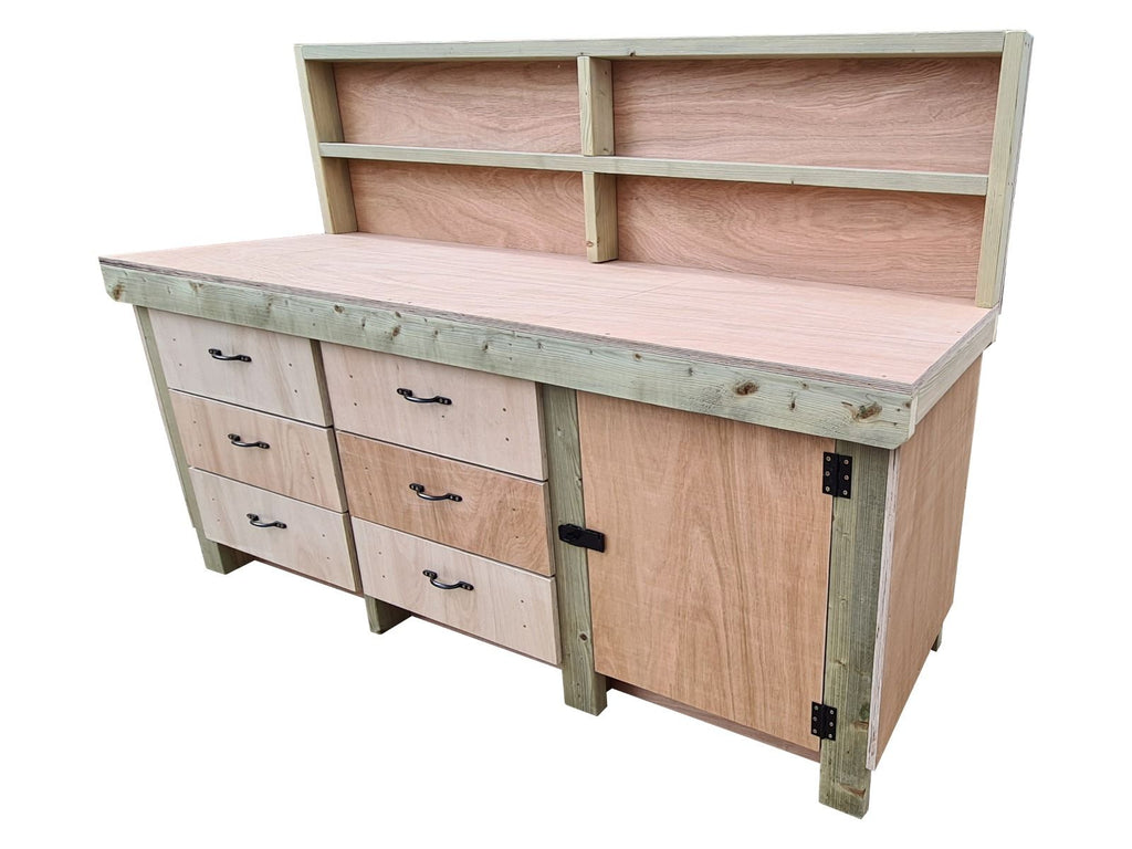Wooden Eucalyptus hardwood top workbench, cabinet with lockable cupboard (V.3) with back