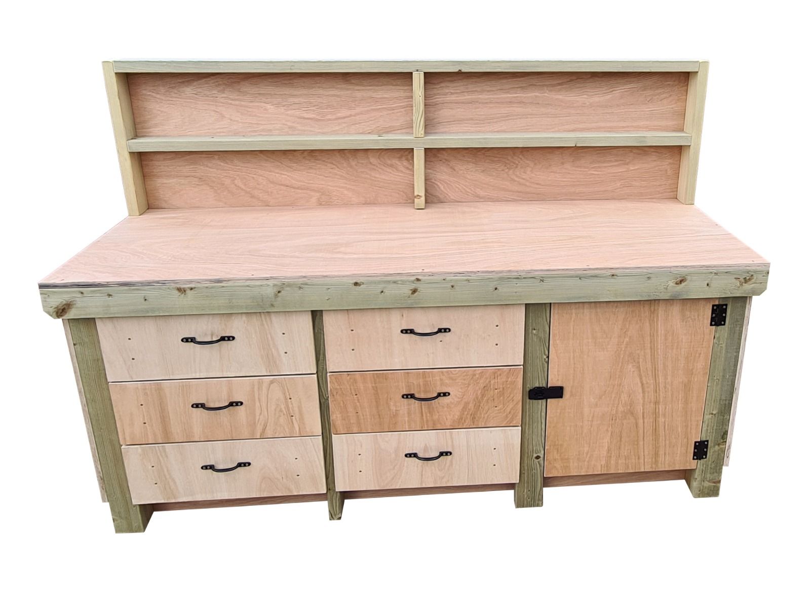 Wooden Eucalyptus hardwood top workbench, cabinet with lockable cupboard (V.3) with back and double shelf