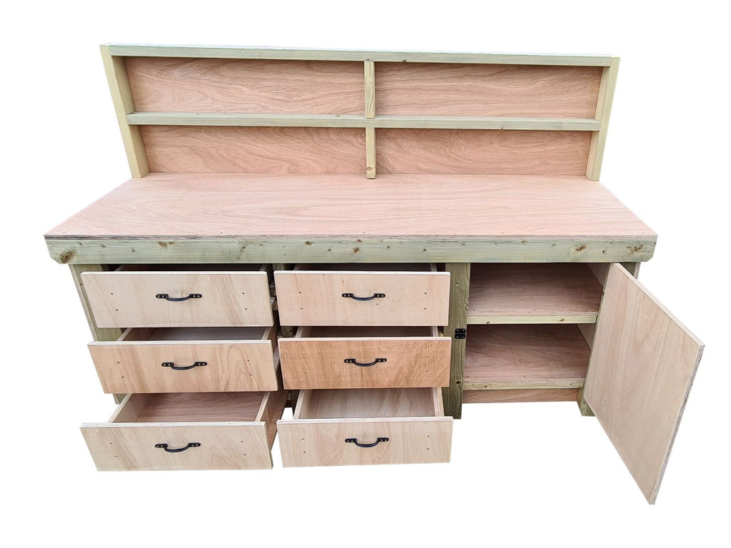 Wooden Eucalyptus hardwood top workbench, cabinet with lockable cupboard (V.3) with back and double shelf