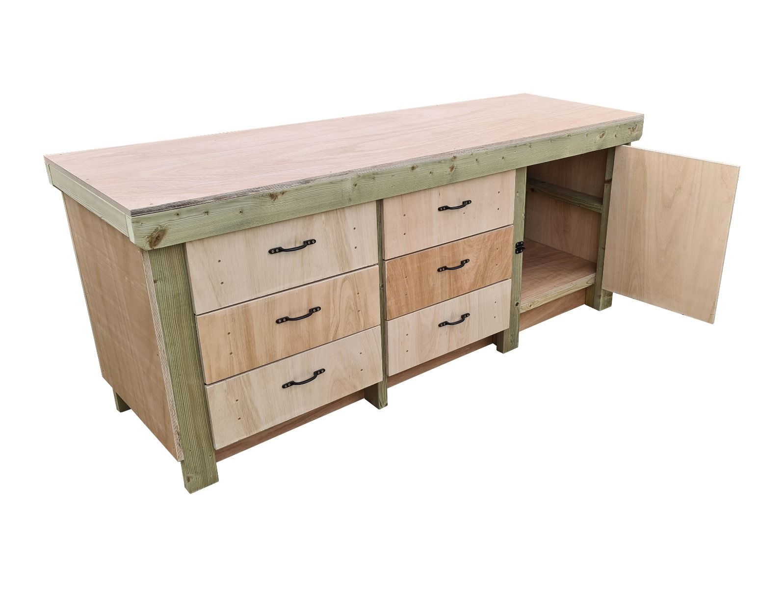 Wooden Eucalyptus hardwood top workbench, cabinet with lockable cupboard (V.3)