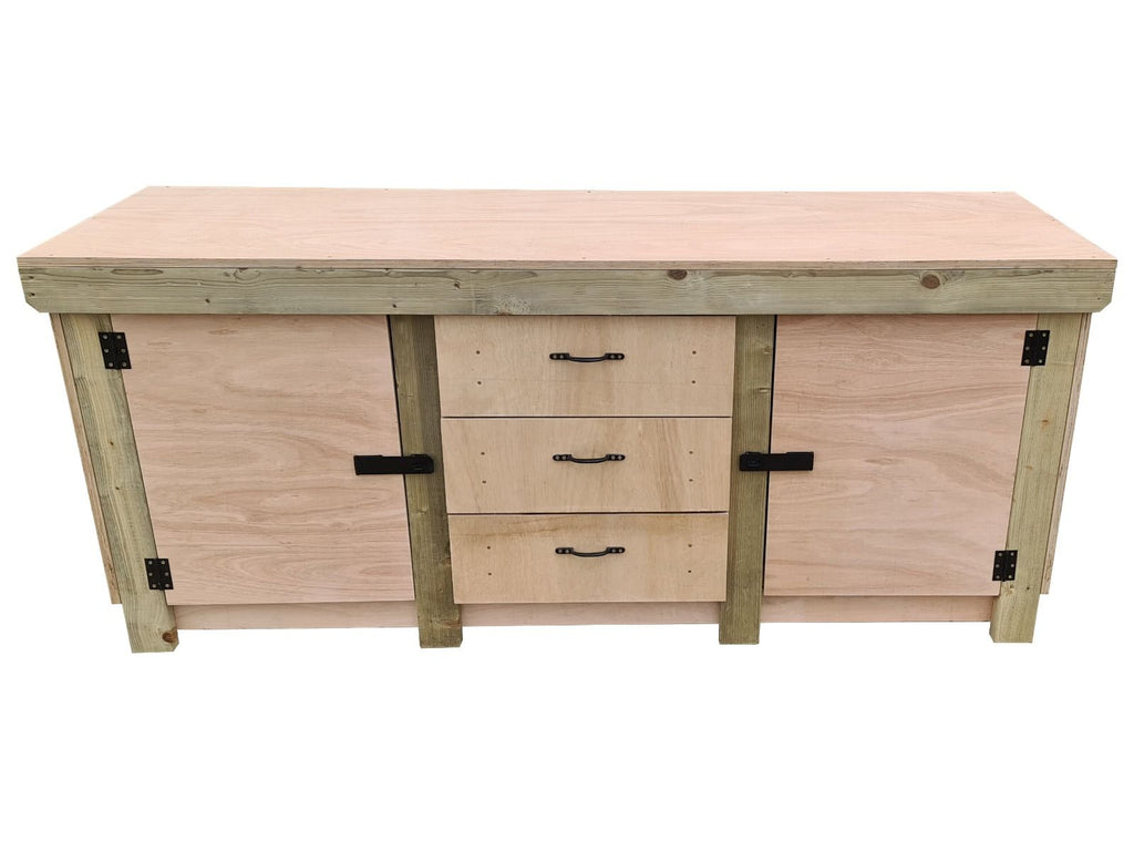 Eucalyptus top workbench with drawers and double lockable cupboard (V.8) with double shelf