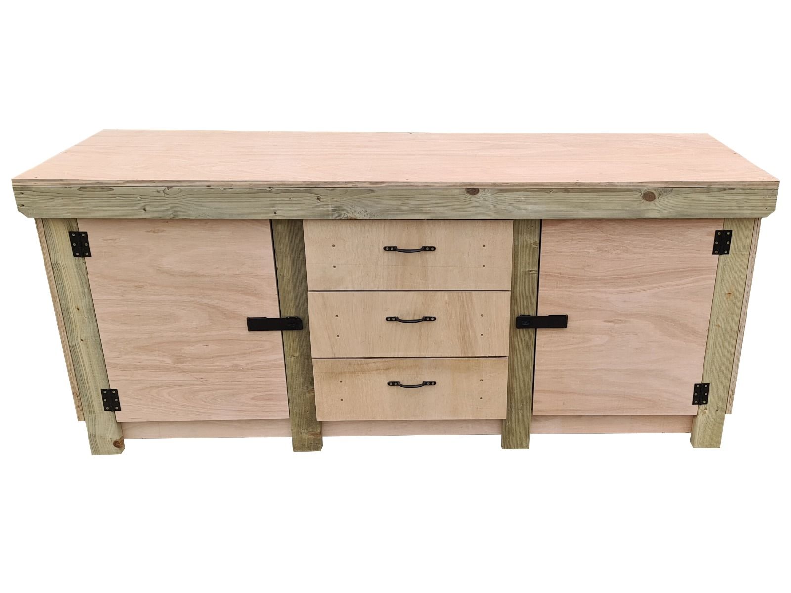 Eucalyptus top workbench with drawers and double lockable cupboard (V.8) with double shelf