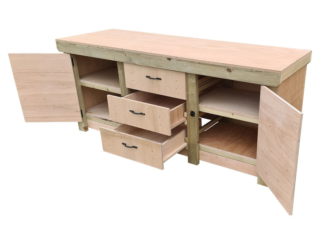 Eucalyptus top workbench with drawers and double lockable cupboard (V.8) with double shelf