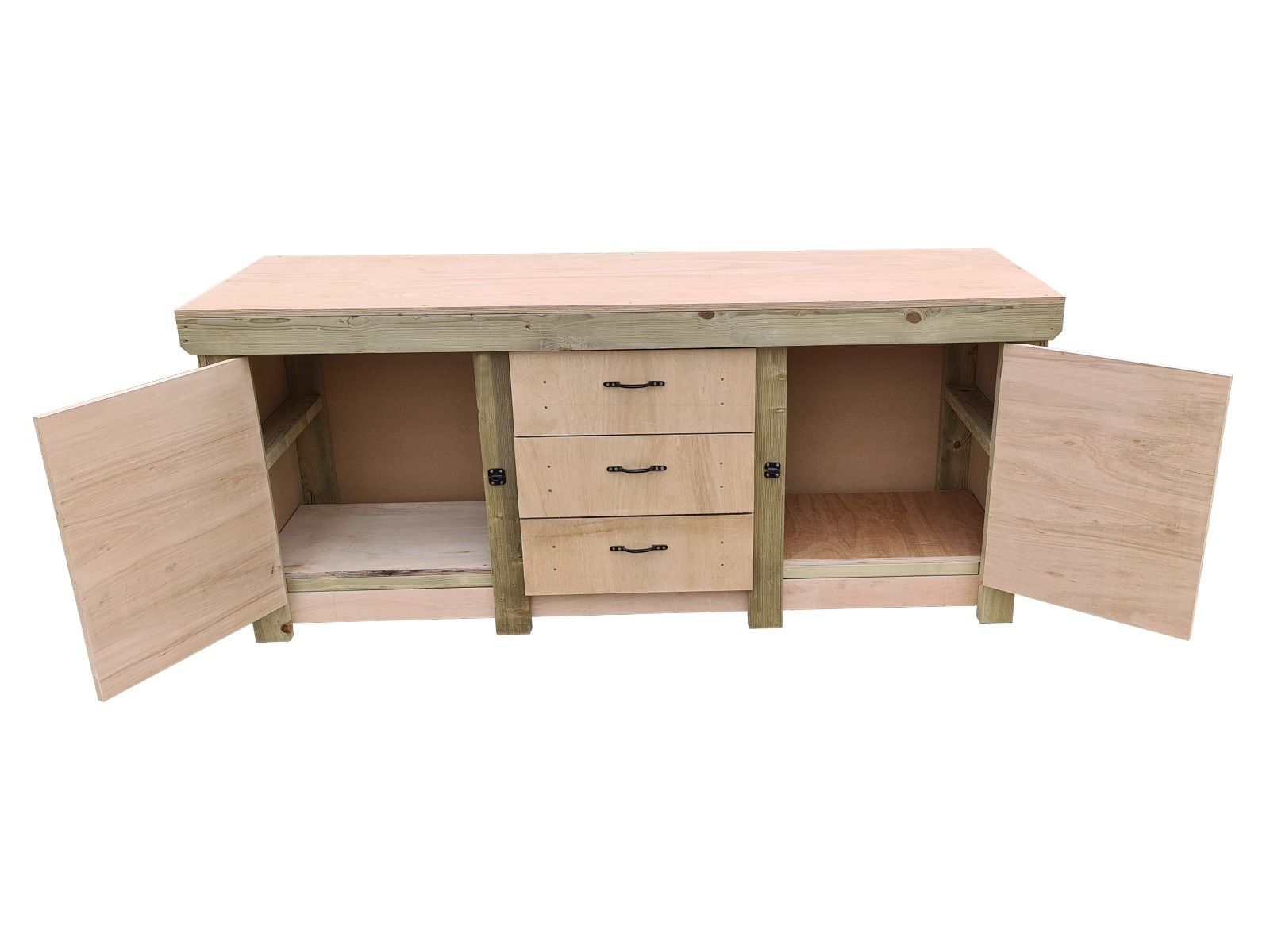 Eucalyptus top workbench with drawers and double lockable cupboard (V.8)