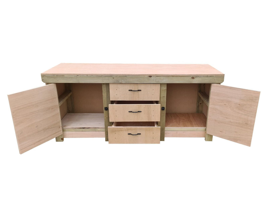 Eucalyptus top workbench with drawers and double lockable cupboard (V.8)