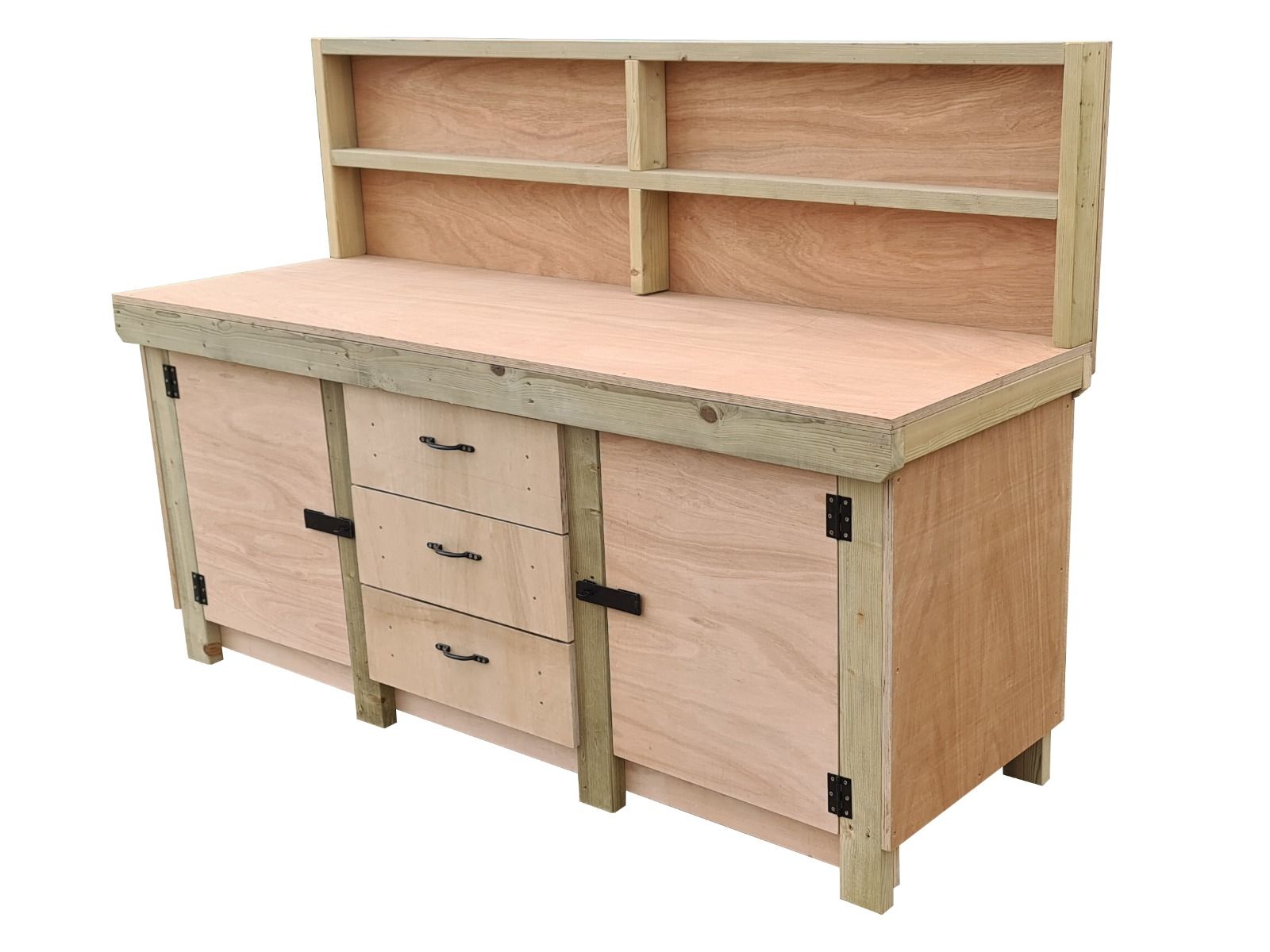 Eucalyptus top workbench with drawers and double lockable cupboard (V.8) with back panel & double shelf