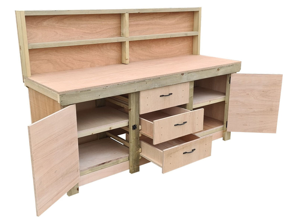 Eucalyptus top workbench with drawers and double lockable cupboard (V.8) with back panel & double shelf