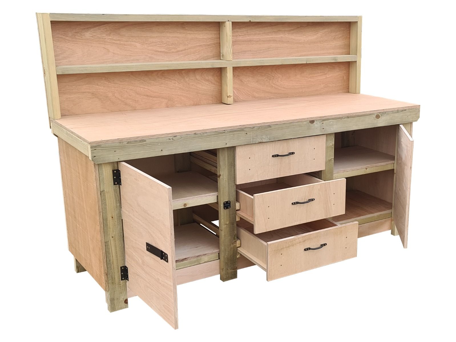 Eucalyptus top workbench with drawers and double lockable cupboard (V.8) with back panel & double shelf