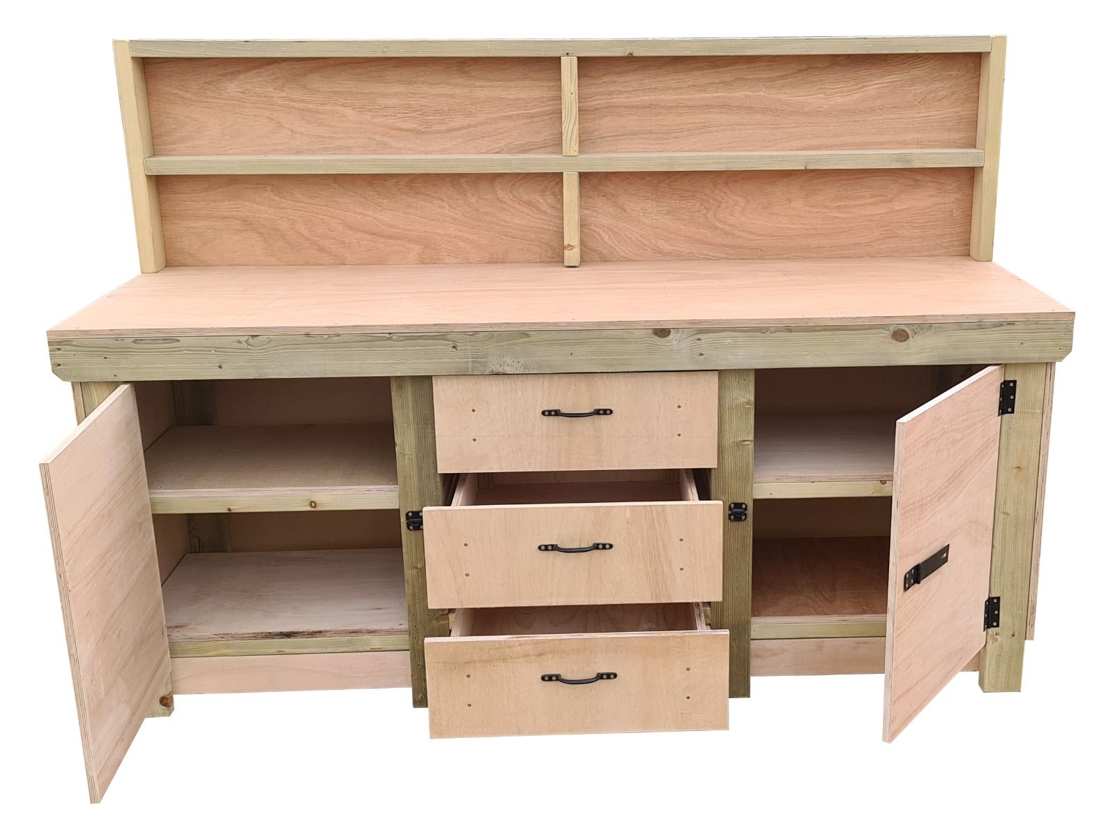 Eucalyptus top workbench with drawers and double lockable cupboard (V.8) with back panel & double shelf