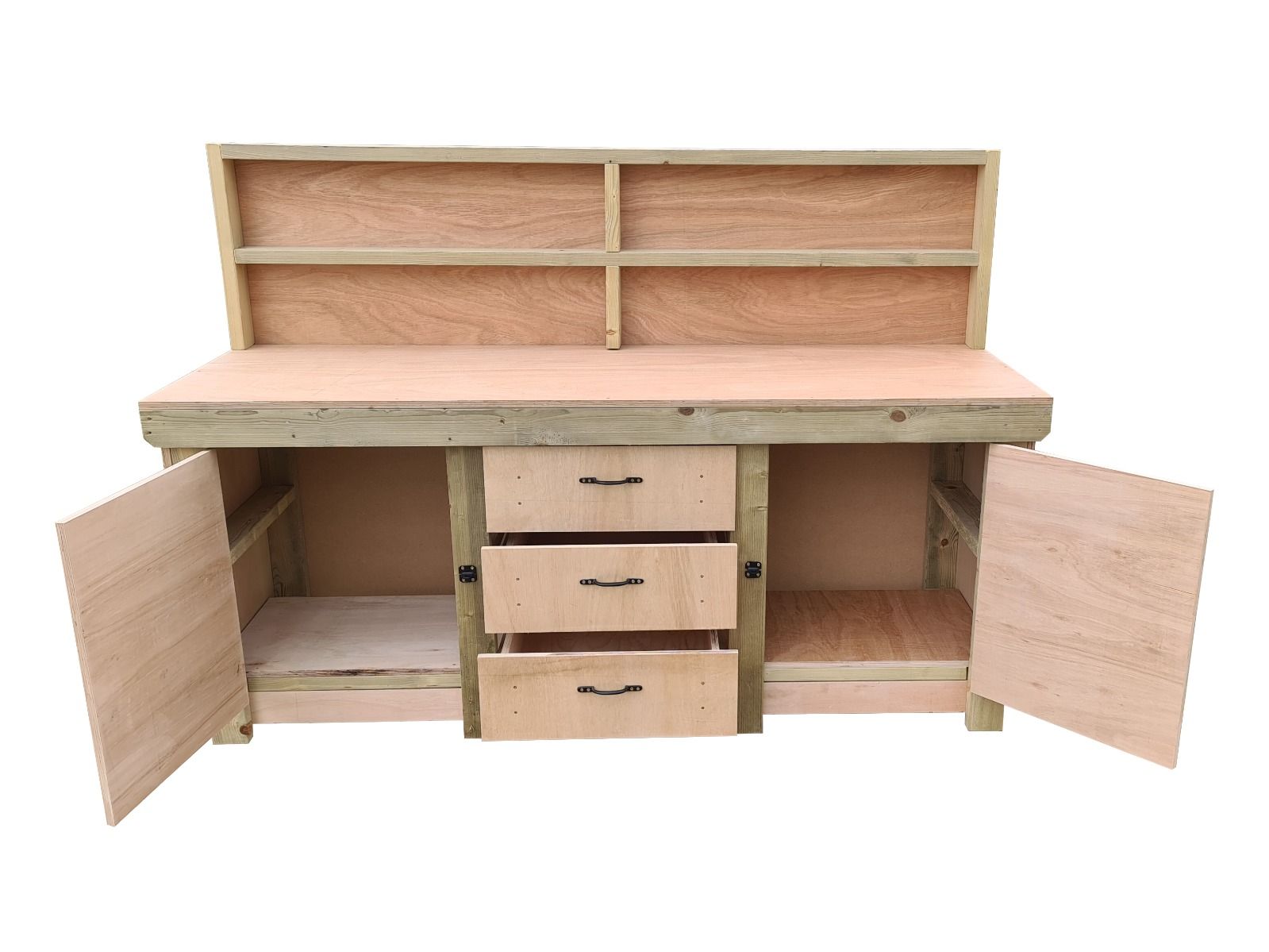 Eucalyptus top workbench with drawers and double lockable cupboard (V.8) with back panel