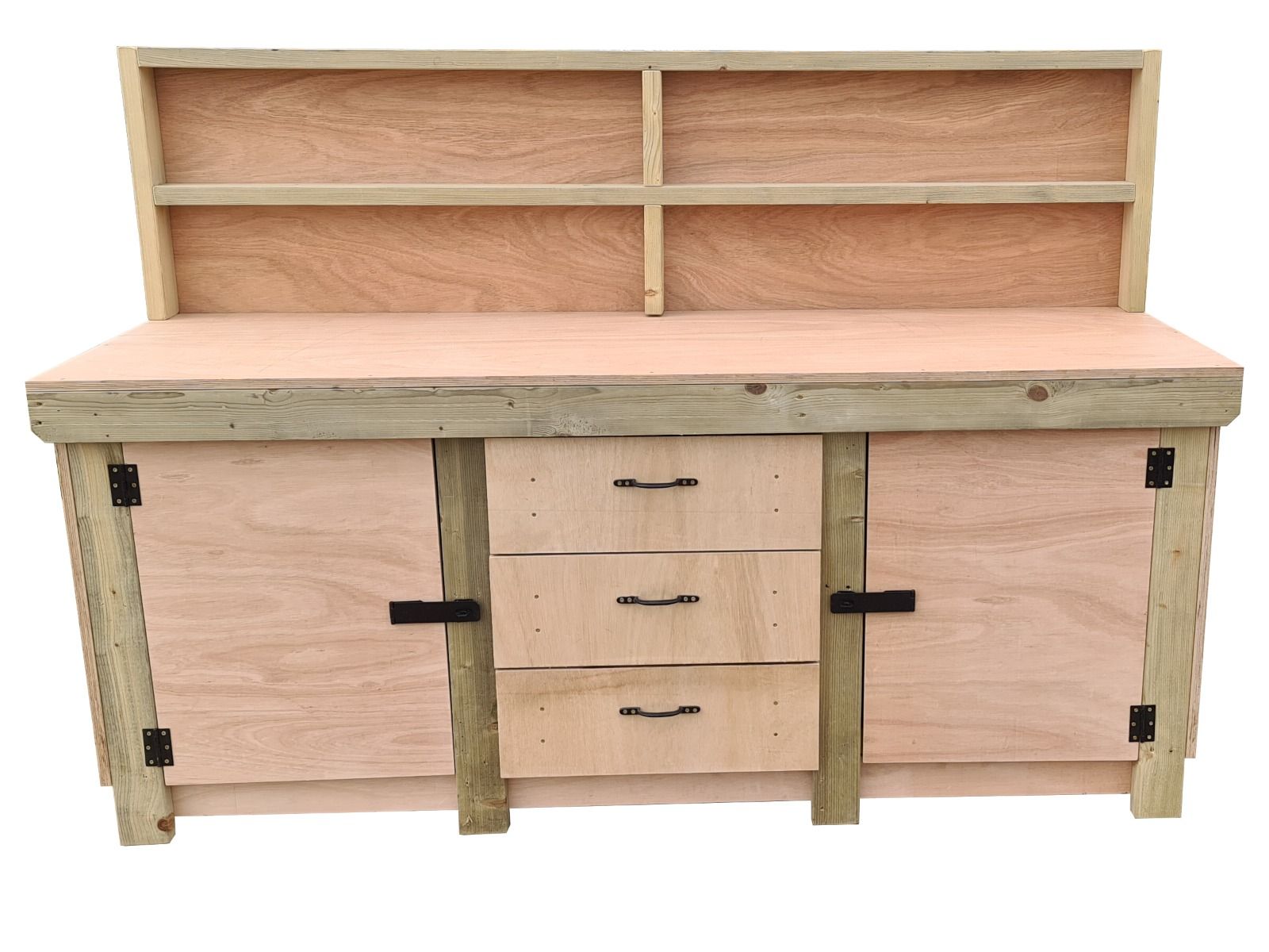 Eucalyptus top workbench with drawers and double lockable cupboard (V.8) with back panel