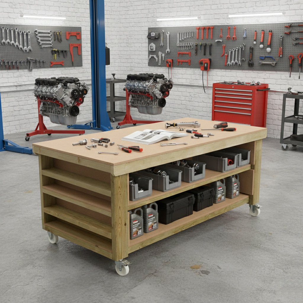 Wooden Workbench MDF Top with Extra shelving Depth-3ft With Double Shelf