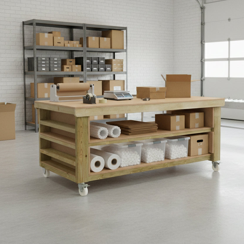 Wooden Workbench MDF Top with Extra shelving Depth-4ft With Double Shelf