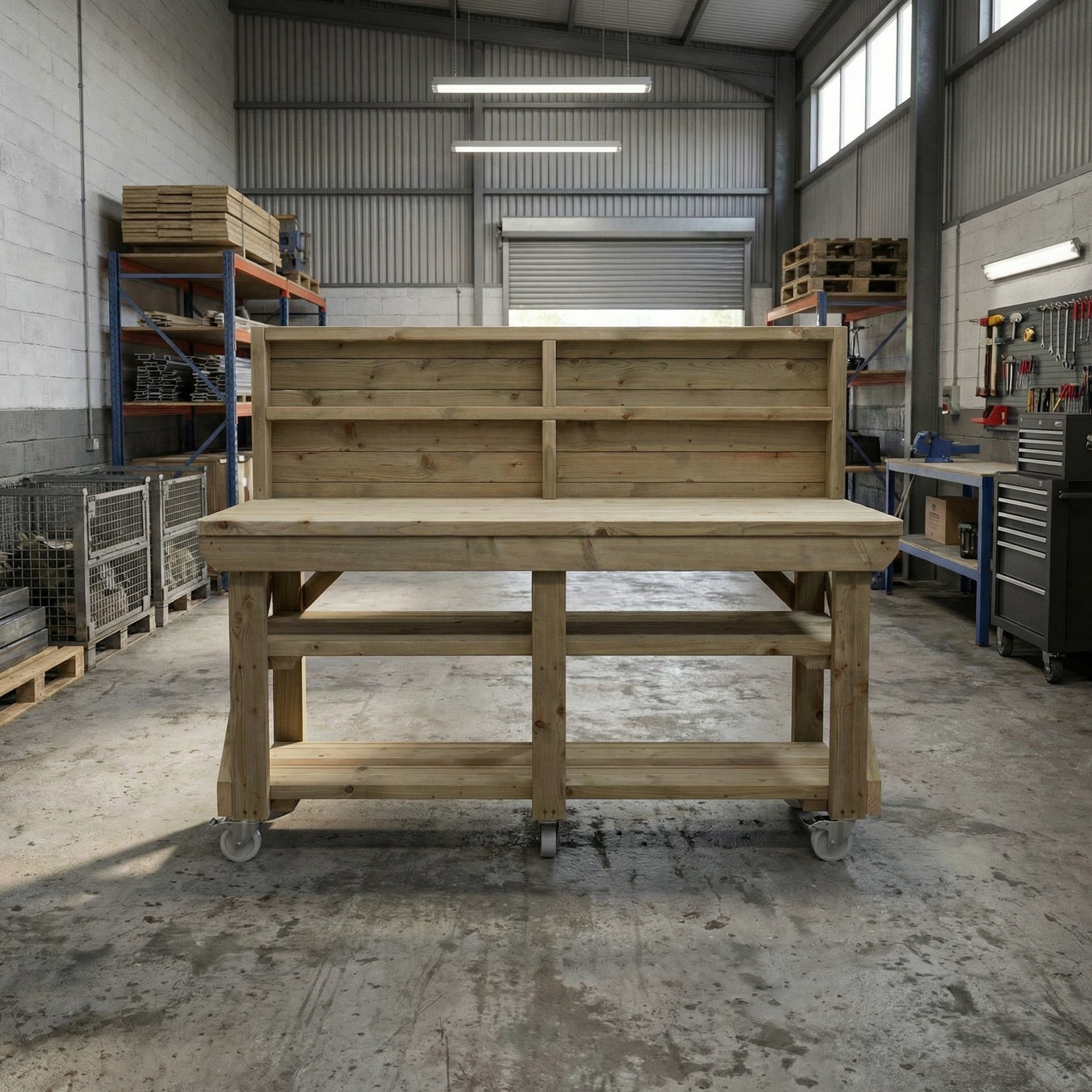 Indoor/outdoor workbench, pressure treated bench with back panel, double shelf and wheels
