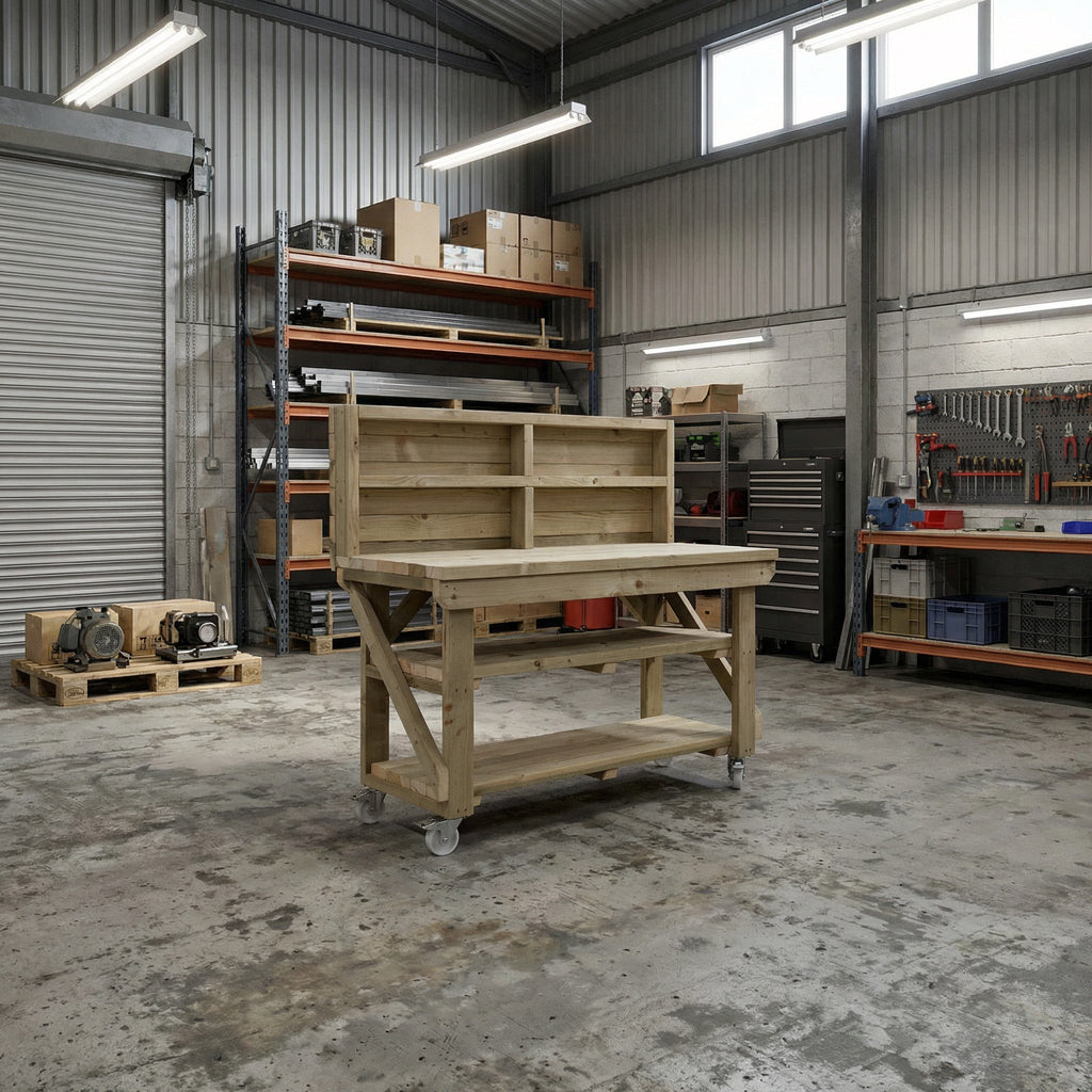Indoor/outdoor workbench, pressure treated bench with back panel, double shelf and wheels