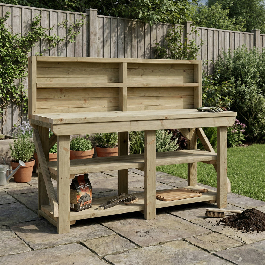 Indoor/outdoor workbench, pressure treated bench with back panel and double shelf