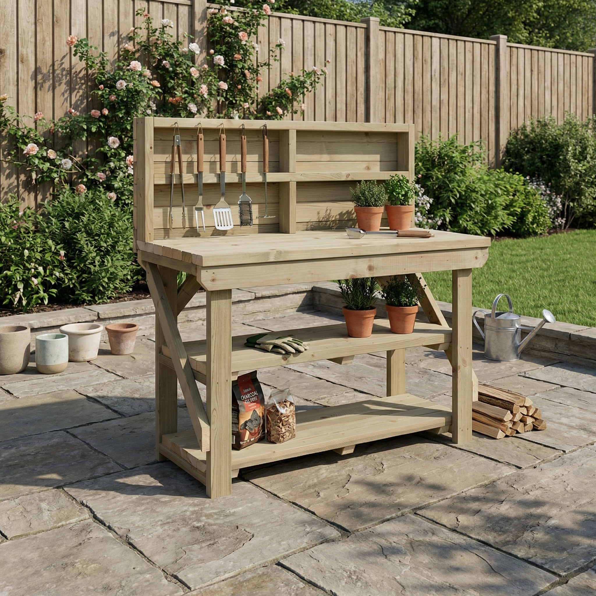 Indoor/outdoor workbench, pressure treated bench with back panel and double shelf