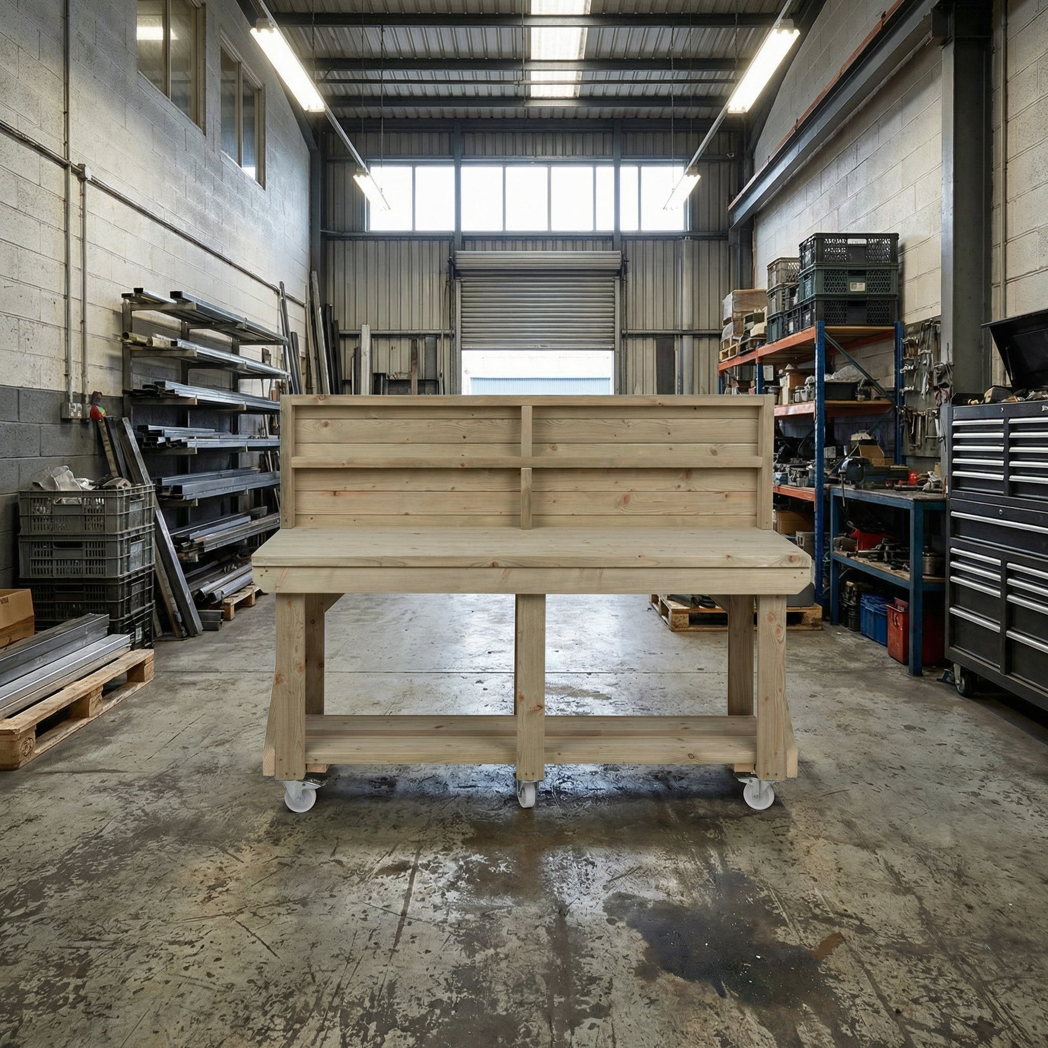 Indoor/outdoor workbench, pressure treated bench with back panel and wheels