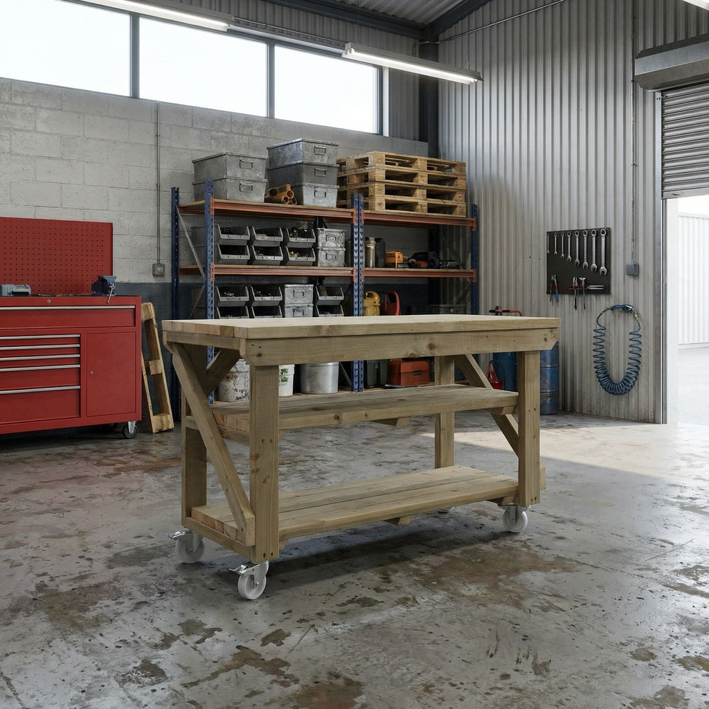 Indoor/outdoor workbench, pressure treated bench with double shelf and wheels