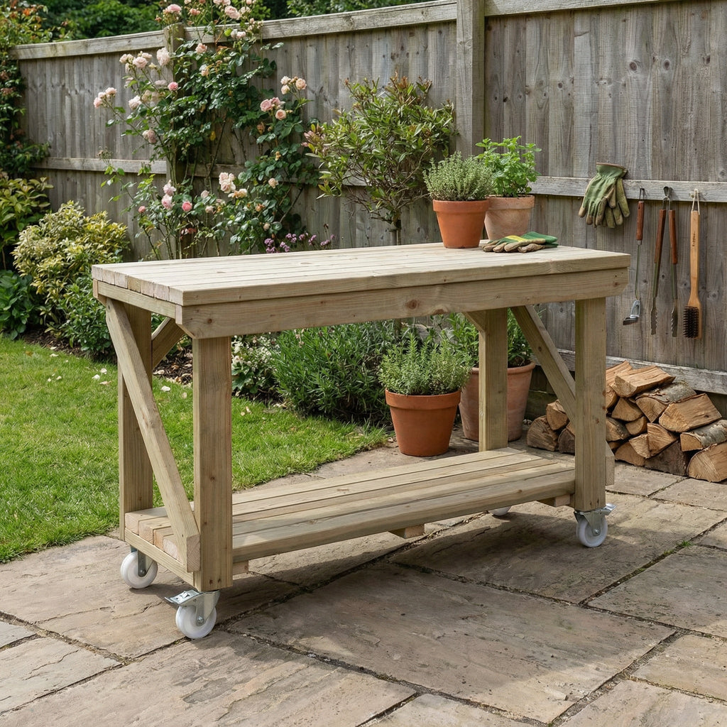 Indoor/outdoor workbench, pressure treated bench with wheels