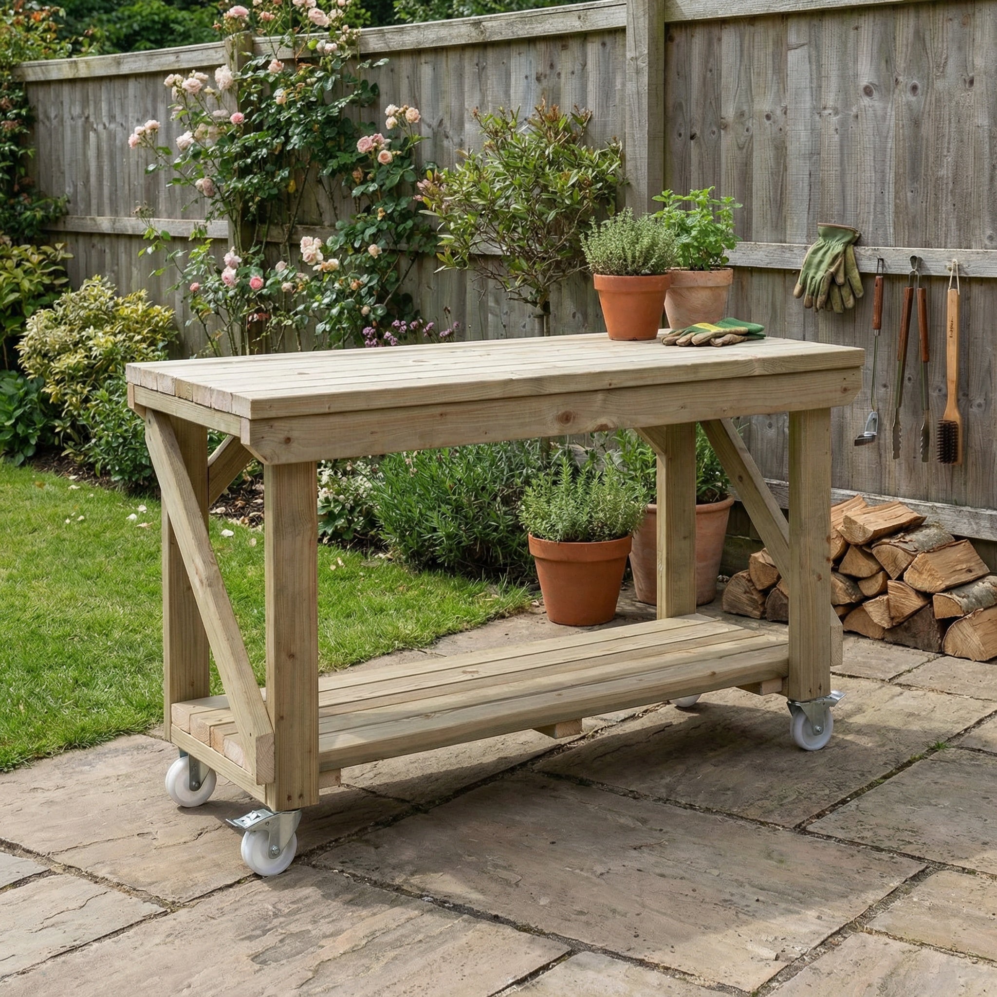Indoor/outdoor workbench, pressure treated bench with wheels