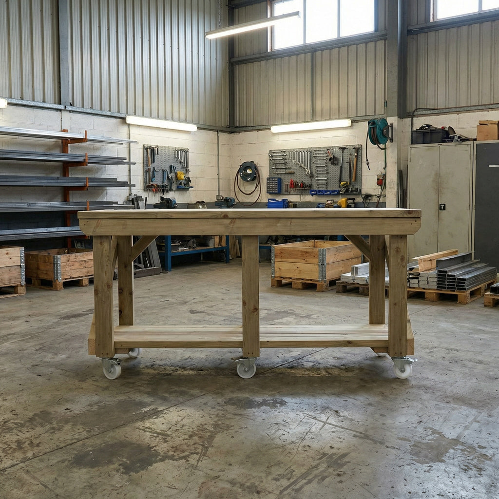 Indoor/outdoor workbench, pressure treated bench with wheels