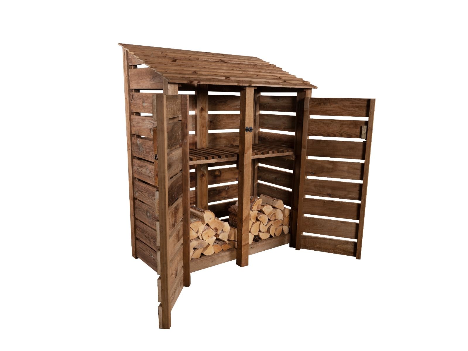 Slatted Wooden Log Store with Door and Shelf W-146cm, H-126cm or 180cm, D-88cm - Brown Finish