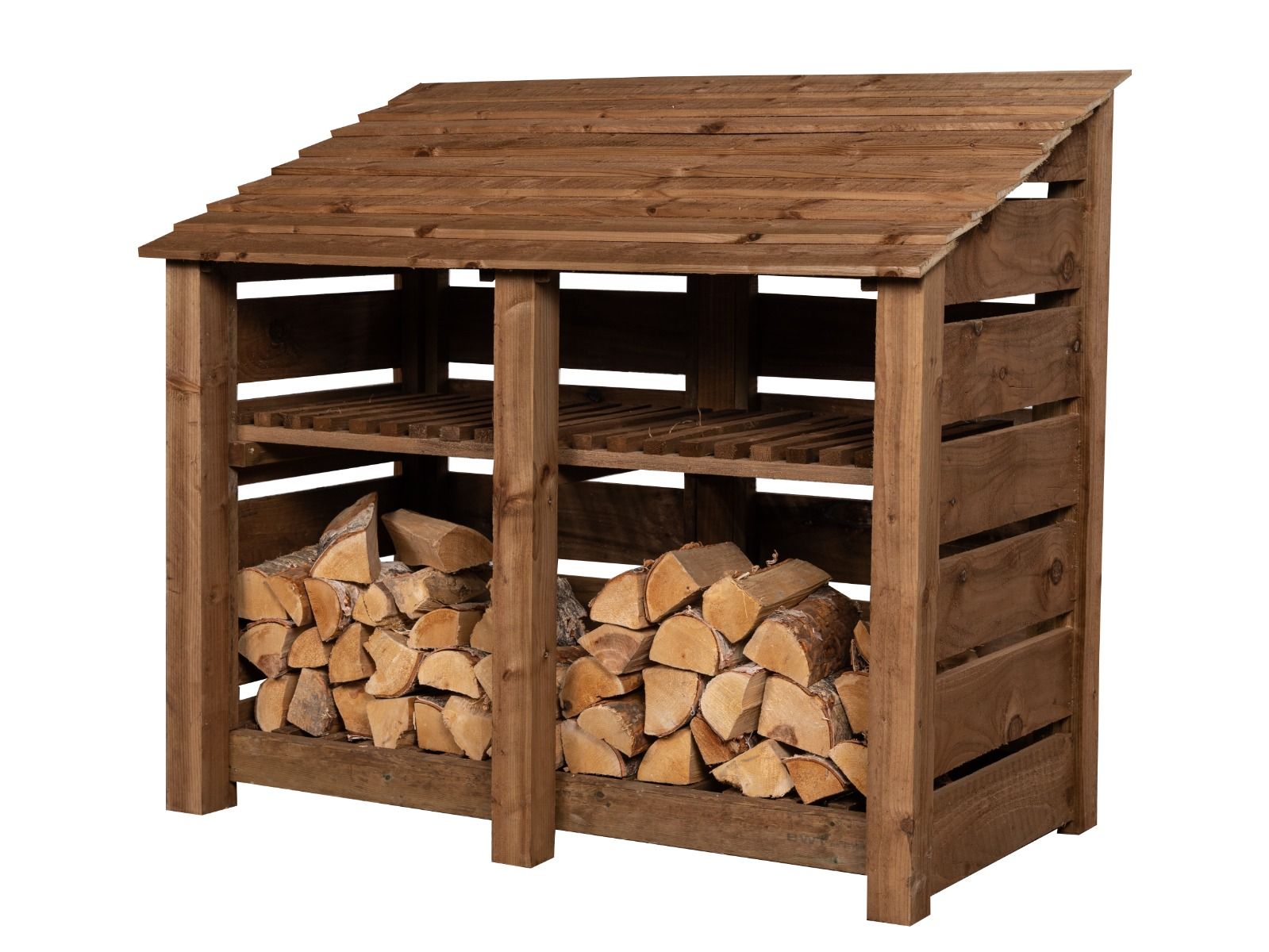 Slatted Wooden Log Store with Shelf W-146cm, H-126cm or 180cm, D-88cm - Brown Finish