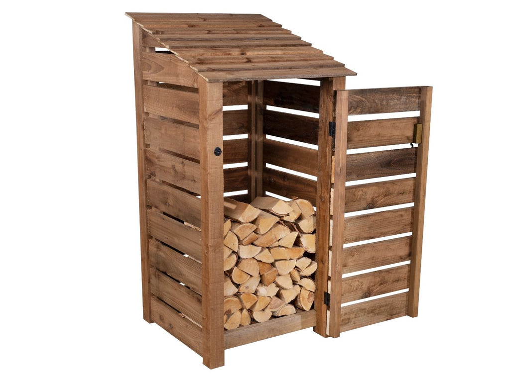Slatted Wooden Log Store with Door W-99cm, H-126cm or 180cm, D-88cm - Brown Finish