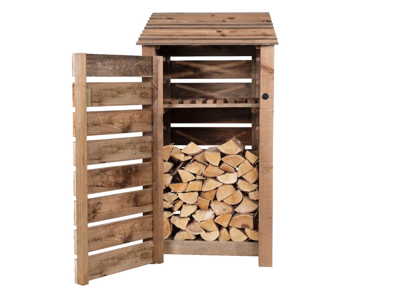 Slatted Wooden Log Store with Door and Shelf W-99cm, H-126cm or 180cm, D-88cm - Brown Finish